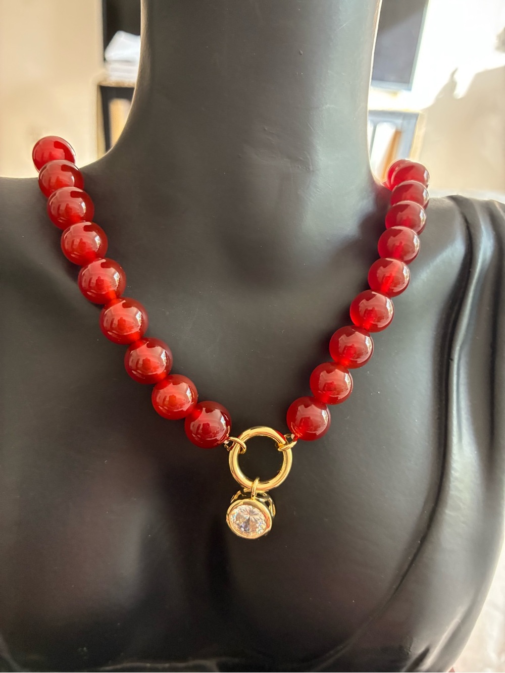 Argento Vivo Red Beaded Necklace with Gold Ring and Crystal Drop
